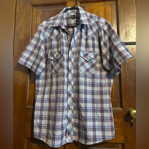 Vintage blue multicolor plaid pearl snap button-down shirt